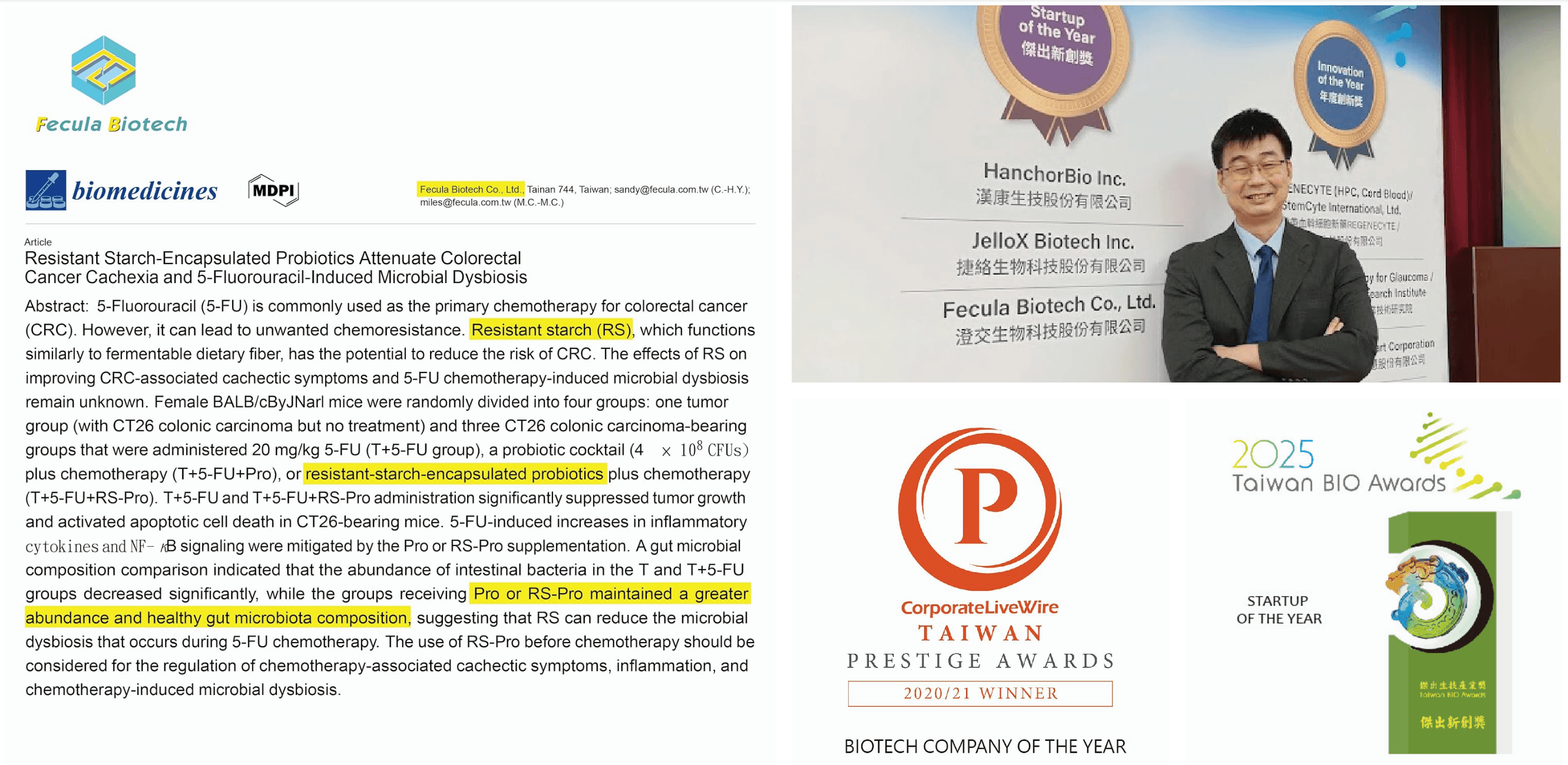 Fecula Biotech research publication, company awards, and recognition